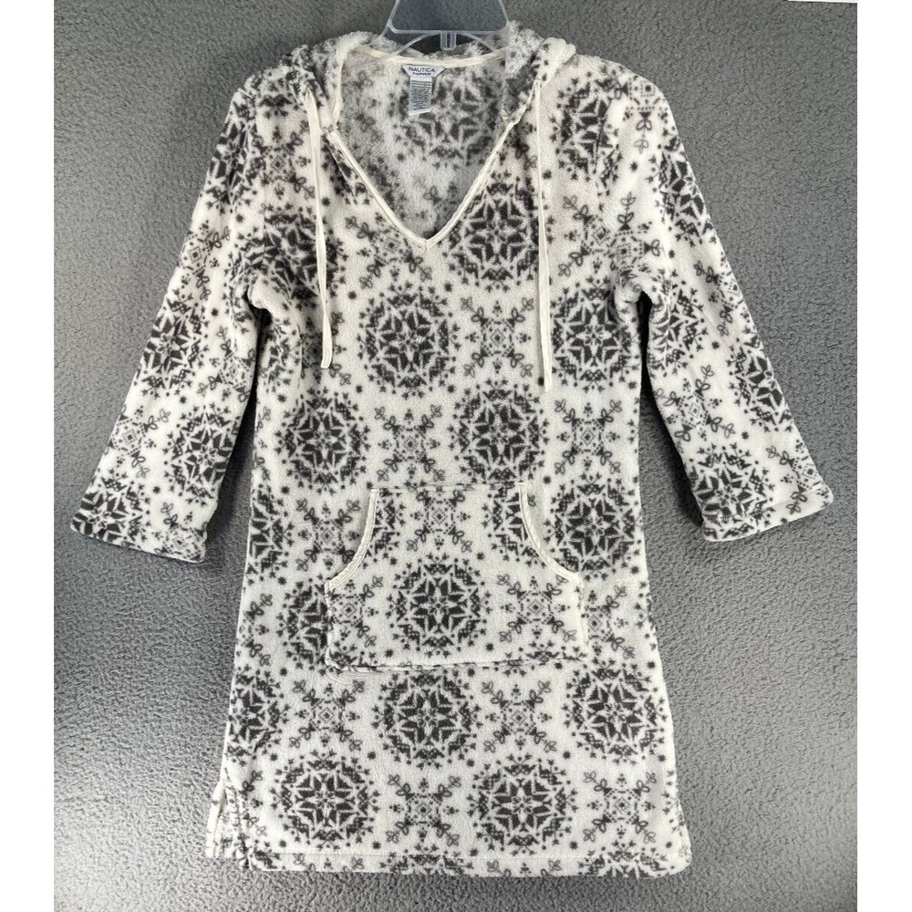 Nautica Sleepwear Nightgown Women's Medium Gray Fleece Hooded Knee Length V Neck